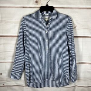 J.Crew Boy Fit Shirt Womens XS Blue Striped Linen Cotton Popover Top Nautical